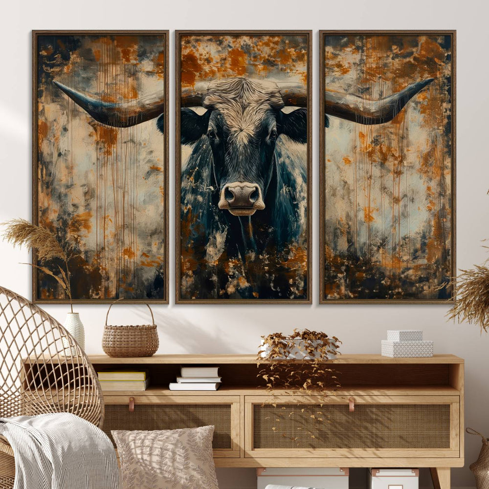 The abstract Longhorn bull wall art features earthy tones, making it an ideal piece for rustic western decor in a farmhouse, lodge, or barn. It comes ready to hang.