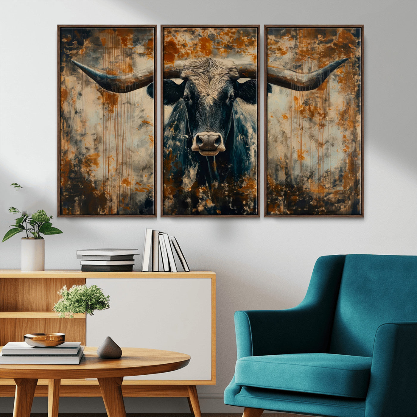 MGV-FC-48X32-3P - Abstract Longhorn Bull Wall Art | Rustic Western Wall Decor | Framed and Ready to Hang | Ideal for
