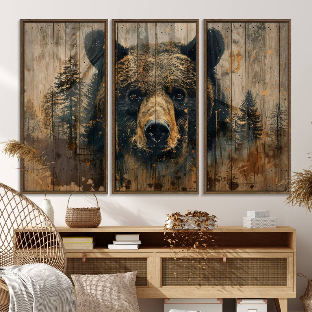 Abstract 399 Bear Wall Art showcases a bears face intertwined with forest trees, ideal for enhancing rustic lodge, cabin, or barn decor.