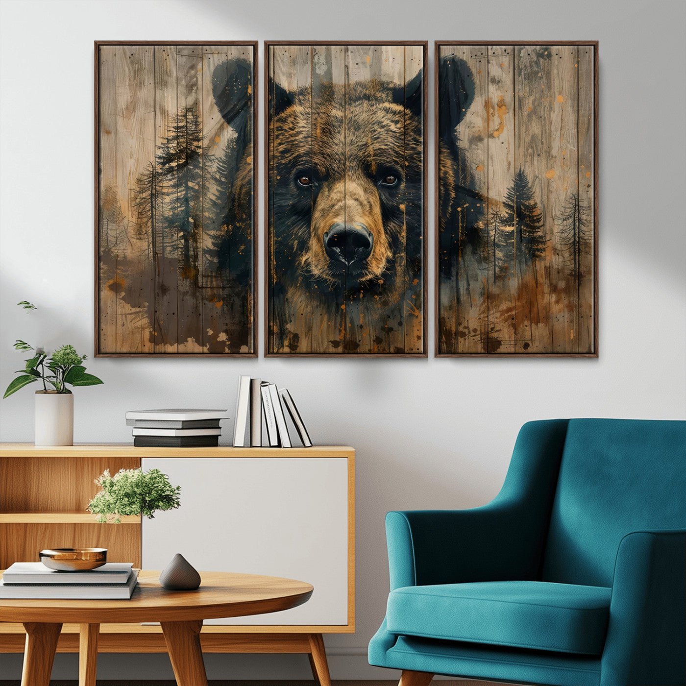 MGV-FC-48X32-3P - Abstract 399 Bear Wall Art | Rustic Cabin Wall Decor with Forest Design | Framed and Ready to Hang |
