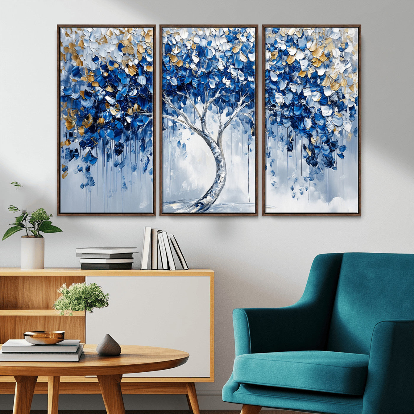 MGV-FC-48X32-3P - Blue and Gold Abstract Tree Wall Art Canvas Print | Modern Tree of Life Painting | Framed Canvas