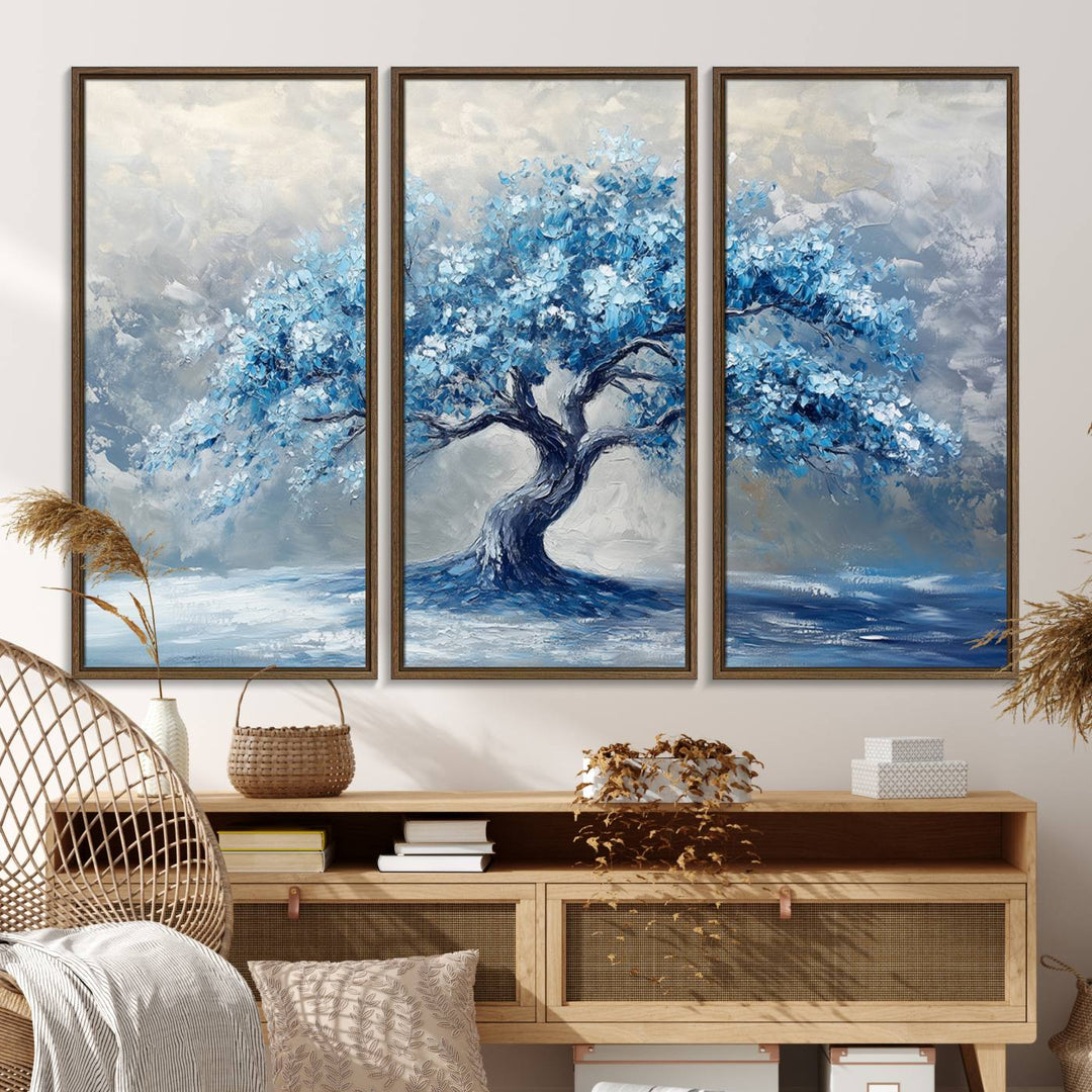 Abstract Blue Tree Art Print featuring textured blues and grays, perfect for farmhouse decor.