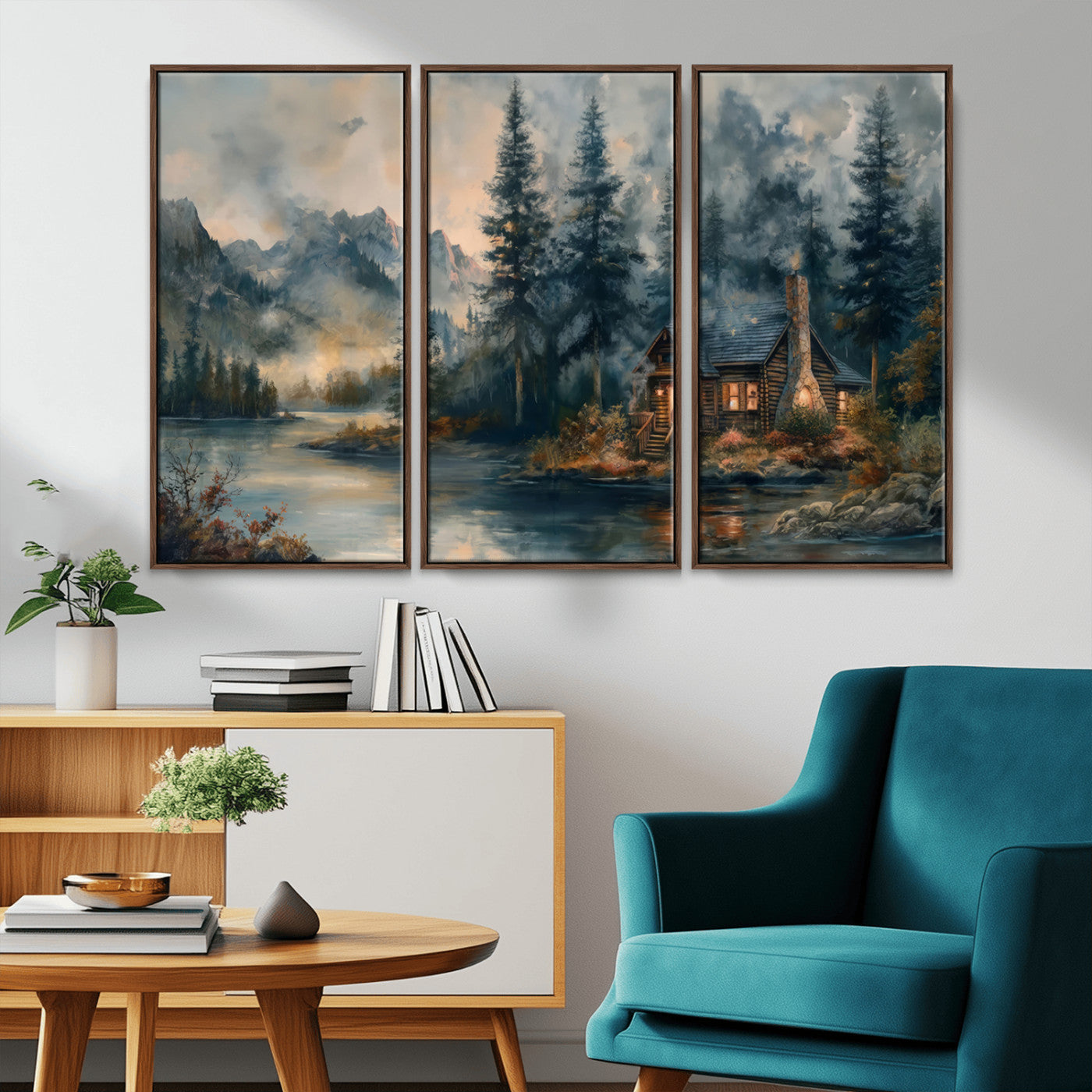 MGV-FC-48X32-3P - Rustic Cabin Woods Wall Art Print | Lake in a Forest Canvas Print | Cabin, Lodge, and Farmhouse