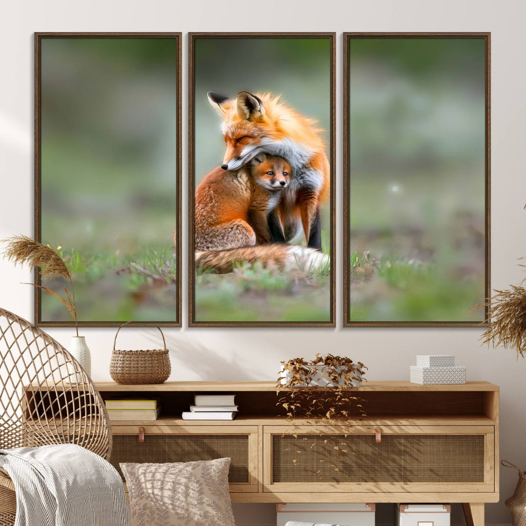 Heartwarming Fox and Baby Cub Wall Art - ready to hang, ideal for animal lovers, rustic decor, and cabin wall art.