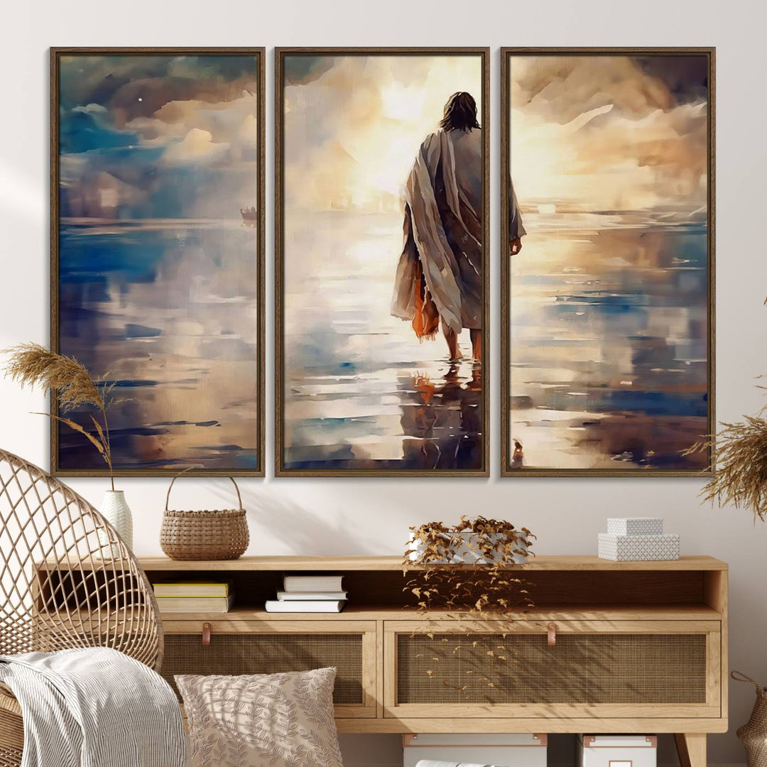 The wall art depicts a robed figure walking on water towards a boat, framed by a stunning sunset. This is showcased in the Jesus Walking on Water Triptych Canvas Print.