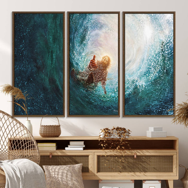 A swimmer heads towards light in an ethereal vortex on the Powerful Jesus Canvas Print - Hand of Salvation, Inspirational Wall Art.