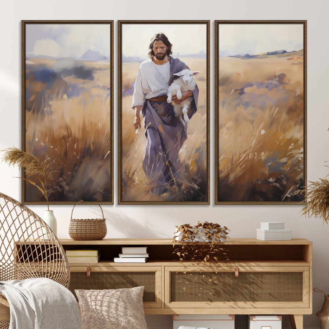 A canvas art piece depicts a bearded man carrying a lamb in a field, reminiscent of Jesus the Good Shepherd, ideal for prayer room decor.