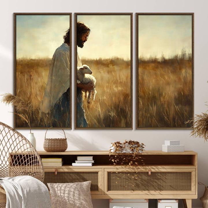 The Jesus the Good Shepherd wall art print depicts Jesus gently holding a lamb under a clear sky.