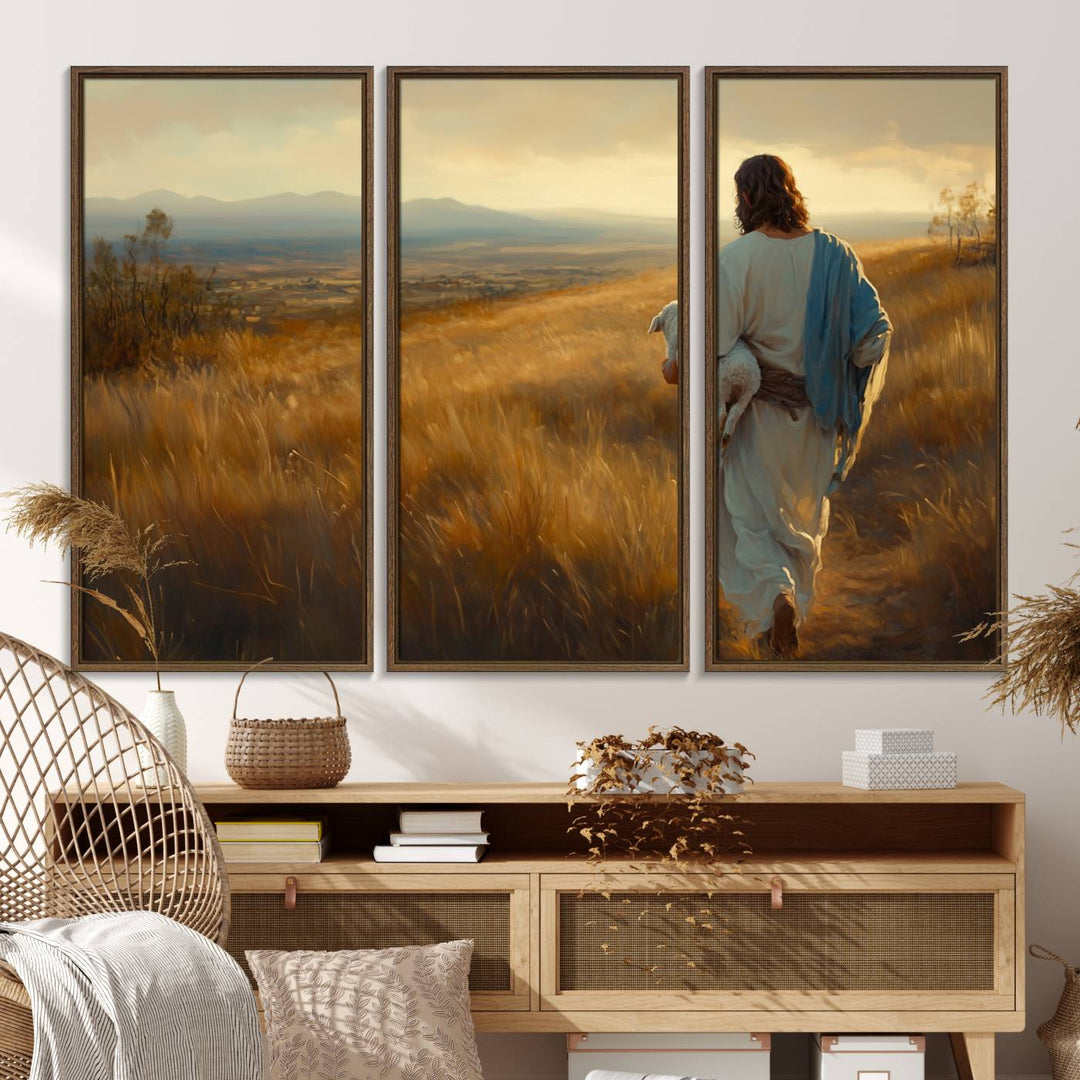 The wall art, titled Jesus the Good Shepherd, depicts a golden field at sunset.