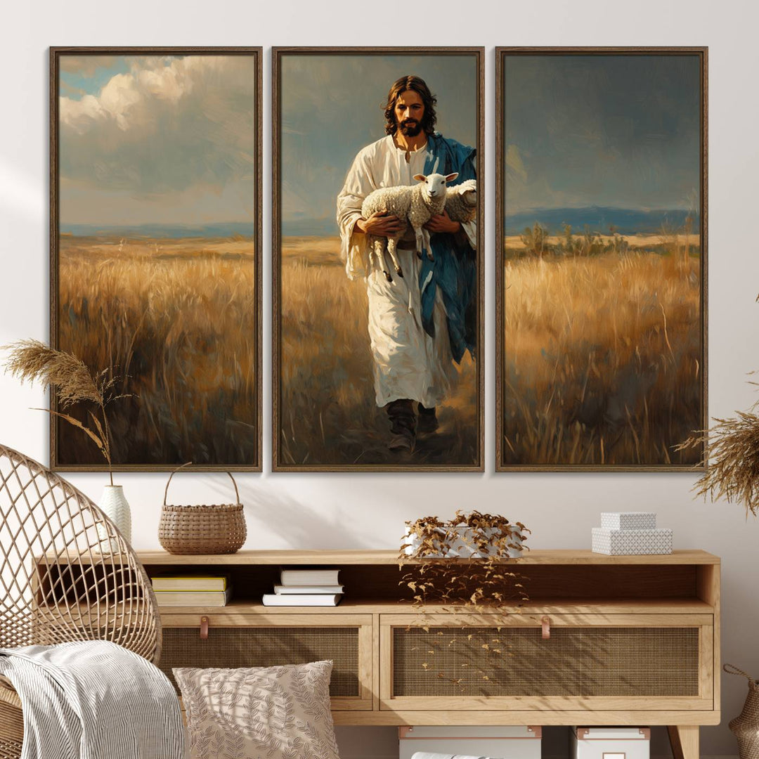 This Jesus Shepherd Wall Art depicts a figure in a white robe carrying a lamb, making it an ideal piece of Christian decor for your home.