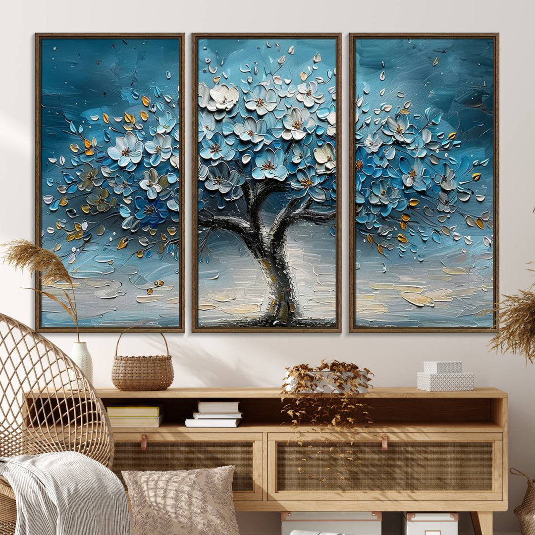 Abstract Blooming Tree Wall Art Print features blue, white, and gold textures on museum-quality canvas, perfect for modern decor.