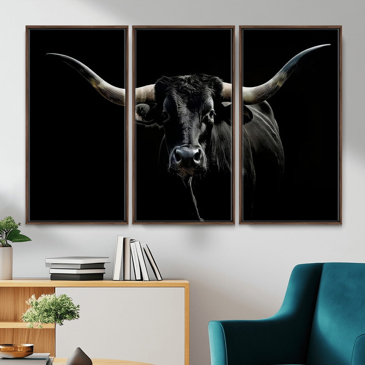20679-MGV-CV-24X16 - Texas Black Longhorn Bull Wall Art Canvas Print, Western Cattle Rustic Decor