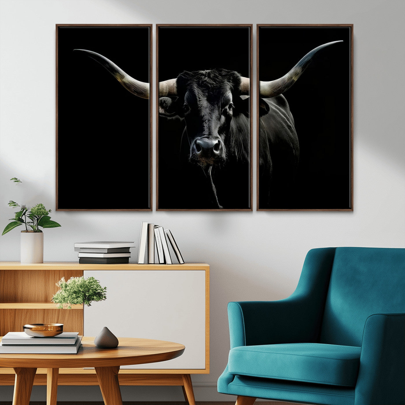 MGV-FC-48X32-3P - Texas Black Longhorn Bull Wall Art Canvas Print - Western Texas Cattle Rustic Decor Print - Longhorn