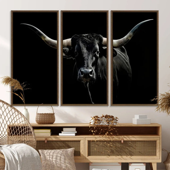 The Texas Black Longhorn Bull Canvas Print, featuring large curved horns set against a dark background, is ideal for Western decor.