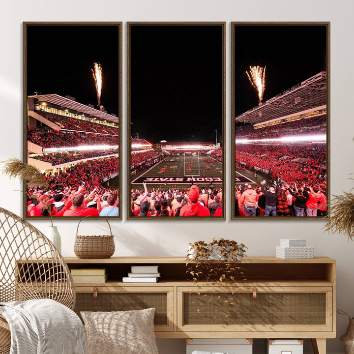 At Corvallis Reser Stadium, vibrant wall art captures the spirit of Oregon State Beavers football against a backdrop of a fireworks-lit night sky.