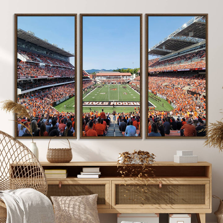 Wide-angle view of Corvallis Reser Stadium with Oregon State field, depicted in Beavers team print canvas art.