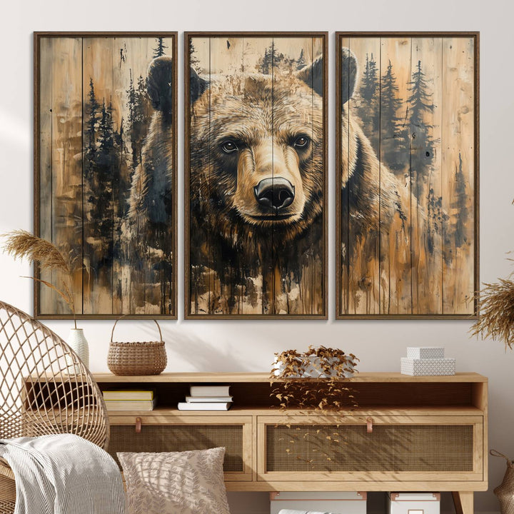 Majestic Grizzly 399 Bear 3-panel rustic canvas print with woodland theme.