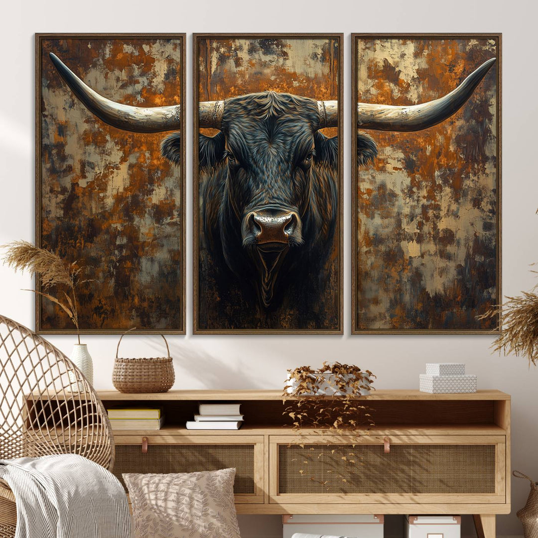 The Longhorn Texas Cow Bull Wall Art canvas print showcases rustic farmhouse decor.