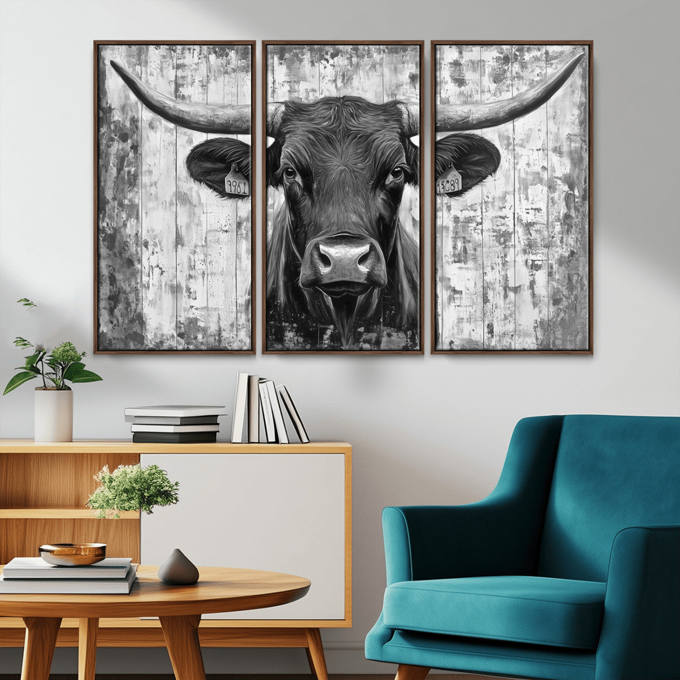 MGV-FC-48X32-3P - Abstract Longhorn Bull Wall Art Canvas Print - Rustic Texas Western Cow Artwork