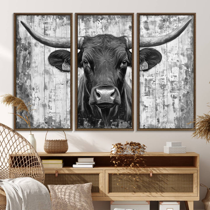 Abstract Longhorn Bull canvas print, featuring rustic Texas-themed wall art on a wooden background, ideal for Western decor.