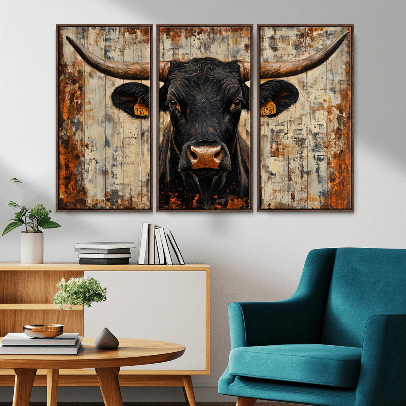 MGV-FC-48X32-3P - Rustic Texas Artwork Wall Art Canvas Print - Abstract Cow Longhorn Bull Wall Art Canvas Print