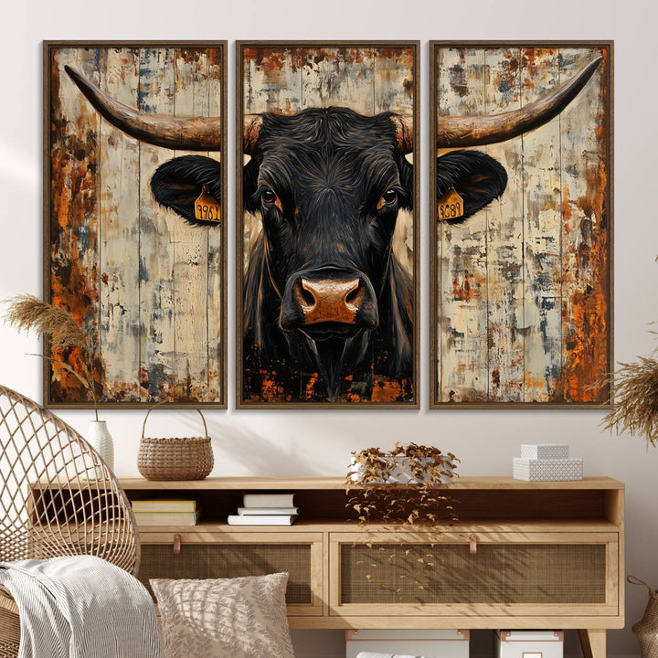 Black bull painting with horns and ear tags, ideal for rustic Texas decor - Abstract Cow Longhorn Bull Canvas Print.