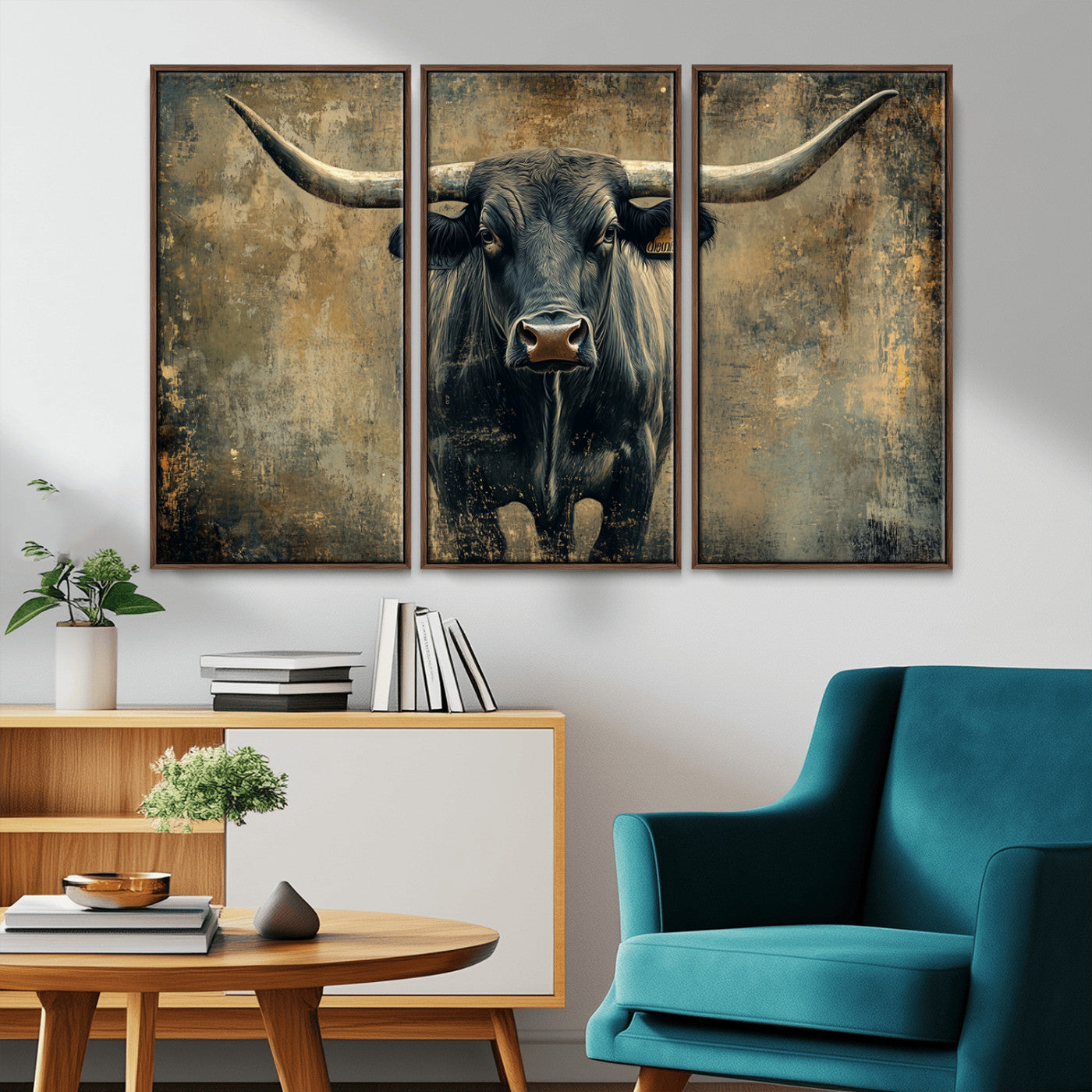 MGV-FC-48X32-3P - Longhorn Bull Wall Art Canvas Print, Framed Rustic Cow Art Picture Print, Texas Longhorn Perfect Western Decor Artwork