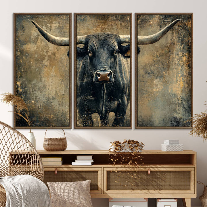 The Longhorn Bull Canvas Print features a bull with prominent horns facing forward, depicted in abstract Texas Western art style.