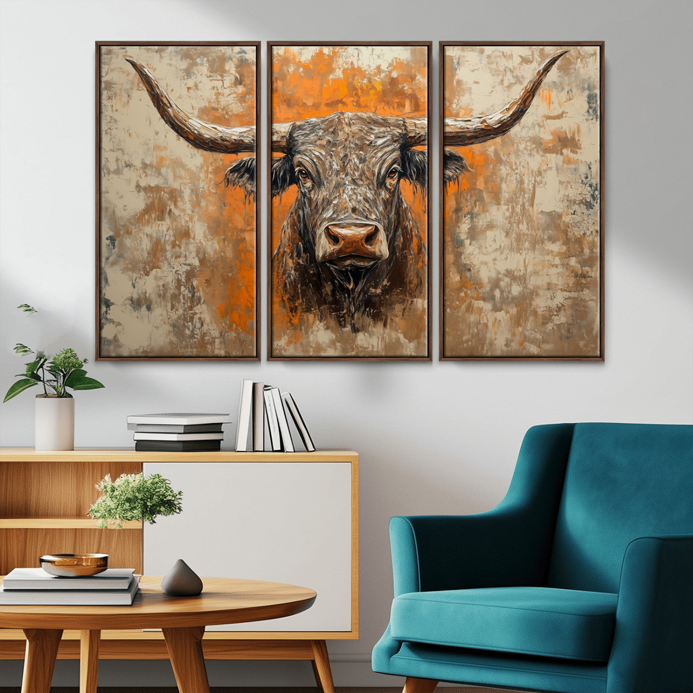 MGV-FC-48X32-3P - Abstract Cow Longhorn Bull Wall Art Canvas Print - Rustic Texas Western Cattle Artwork