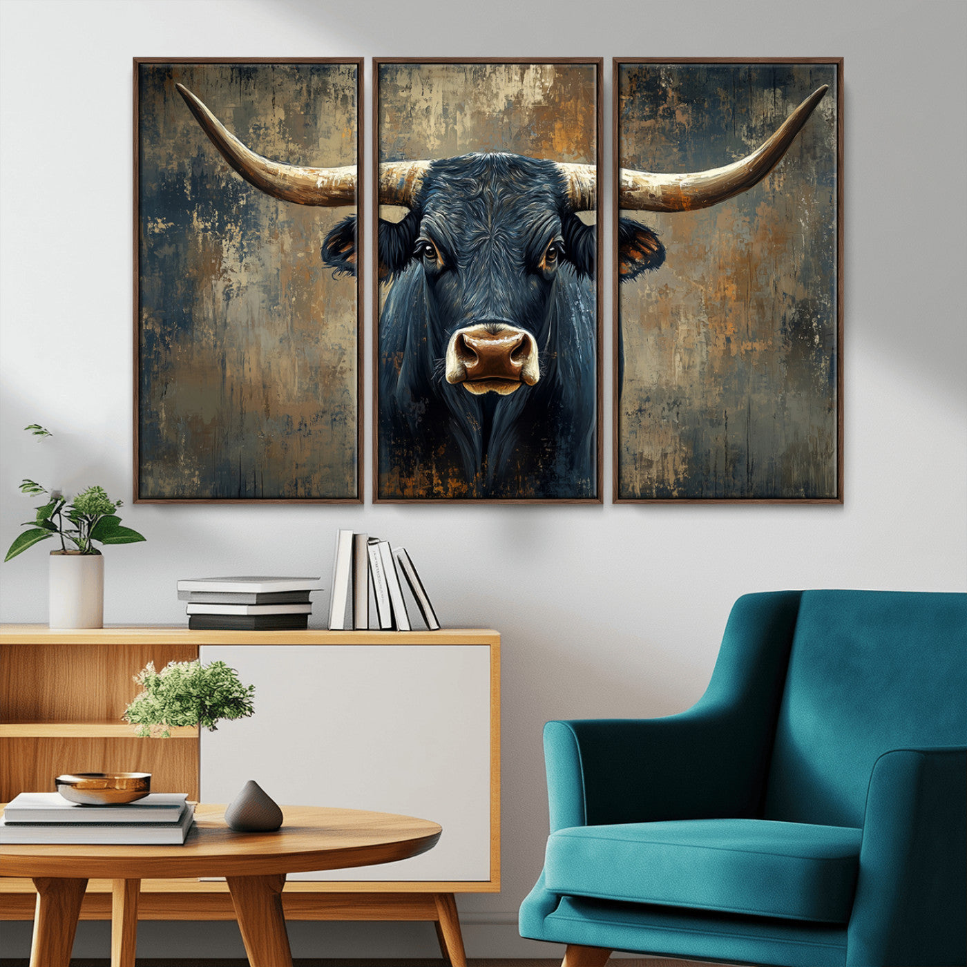 MGV-FC-48X32-3P - Texas Western Wall Art Canvas Print - Abstract Cow Longhorn Bull Wall Art Canvas Print - Rustic Cow