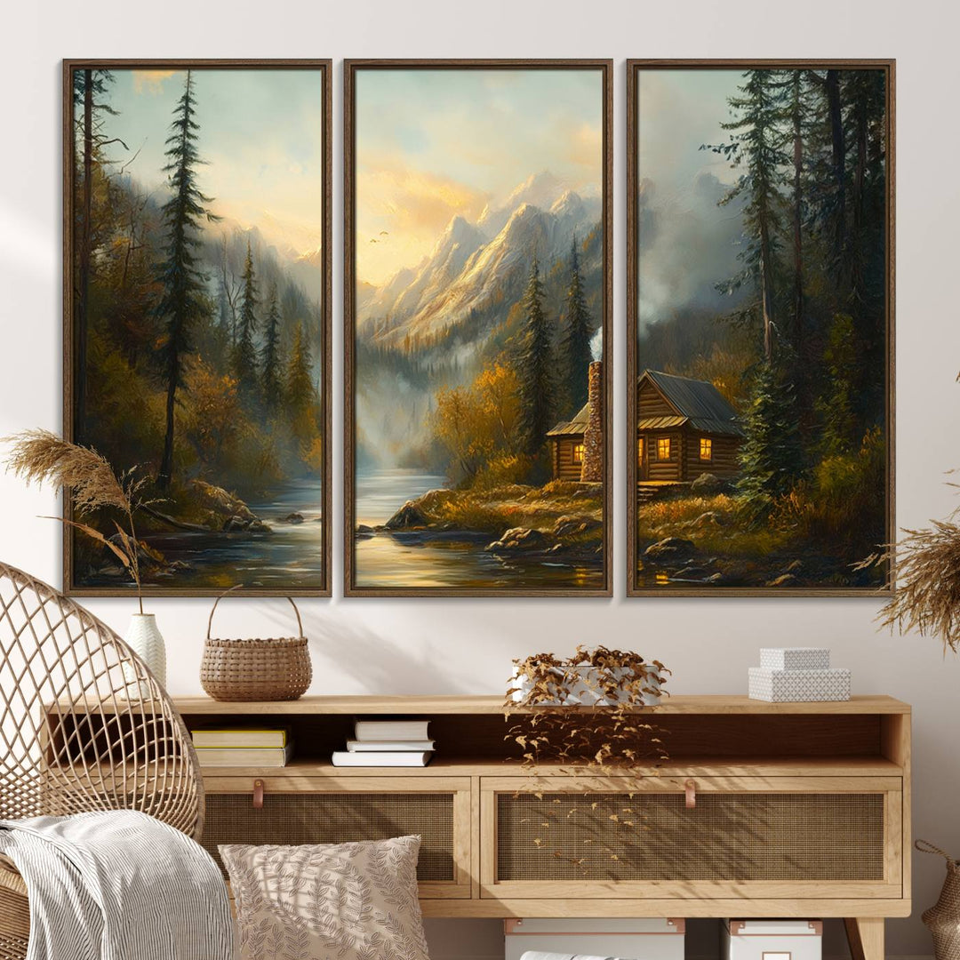 A cozy Wood Cabin Retreat Mountain at Sunset Wall Art features a serene forest and river landscape with smoke rising on a canvas print.