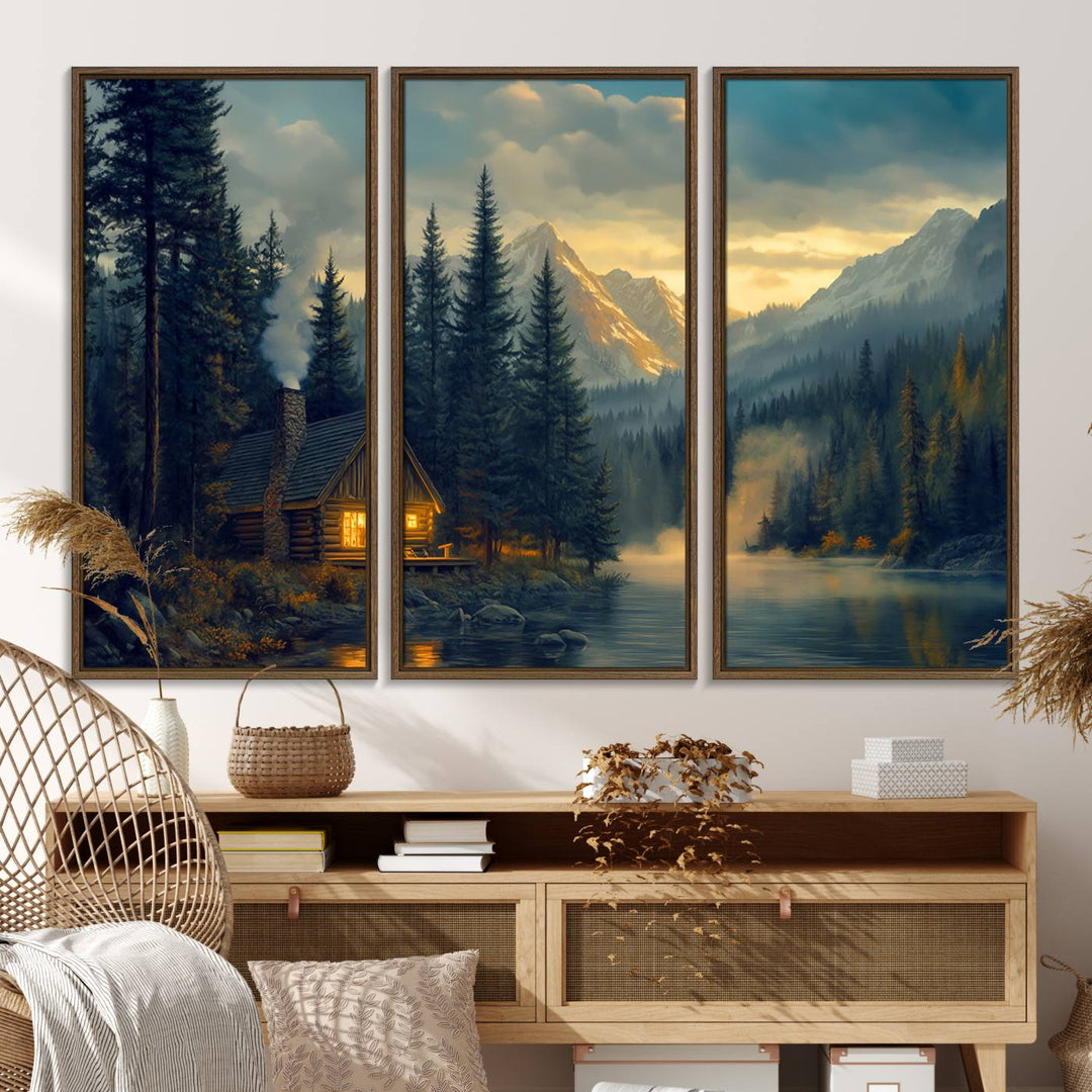 Serene sunset lake wall art: a cozy mountain cabin with lights, framed by pine trees and set against a moody sky. Ideal for adding rustic lodge charm to your space.