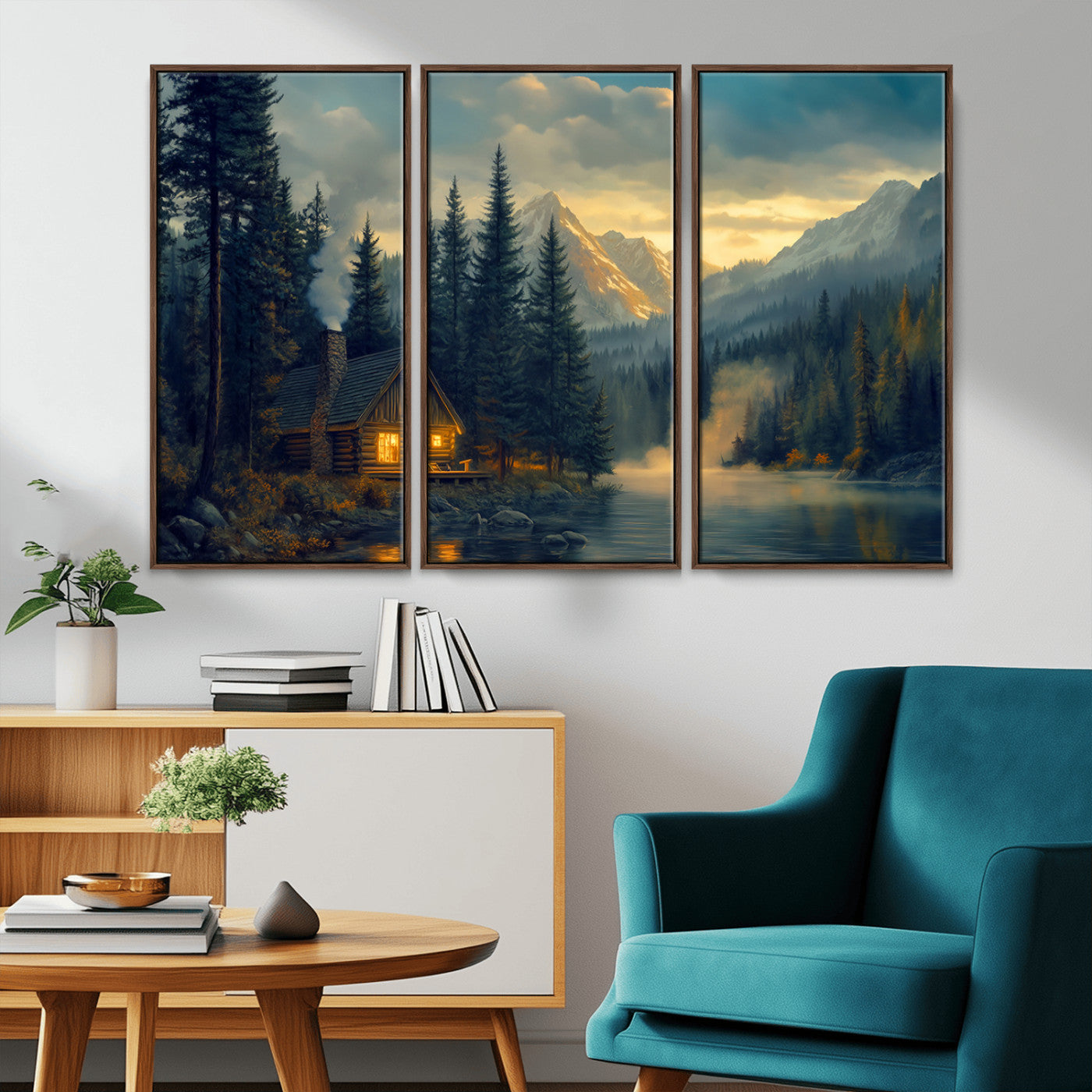 MGV-FC-48X32-3P - Mountain Cabin by the Lake at Sunset Wall Art - Serene Nature Canvas Print for Living Room Decor,