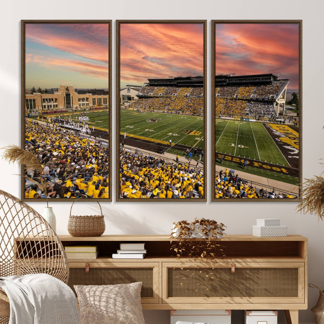 Capture the essence of a packed War Memorial Stadium at sunset with the Cowboys Football Canvas Print, highlighting fans cheering in yellow.