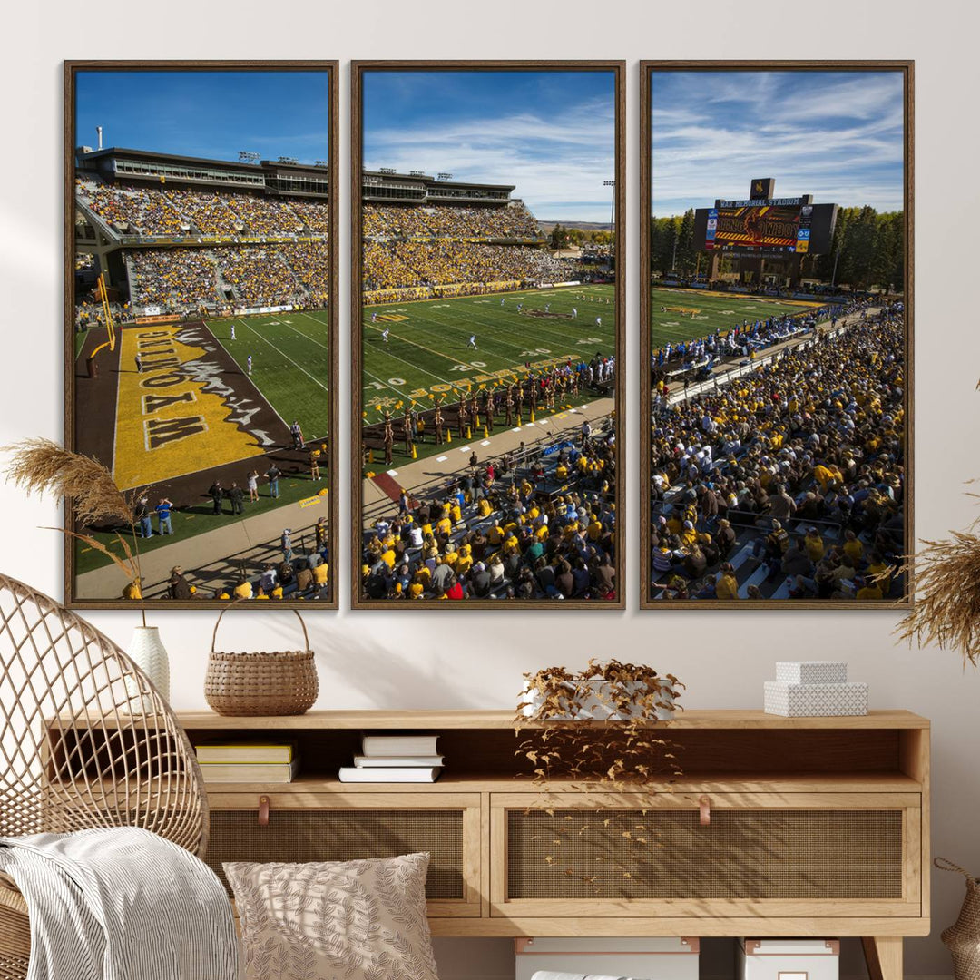 Canvas Wall Art Print: University of Wyoming Cowboys action at Jonah Field War Memorial Stadium under a sunny blue sky.