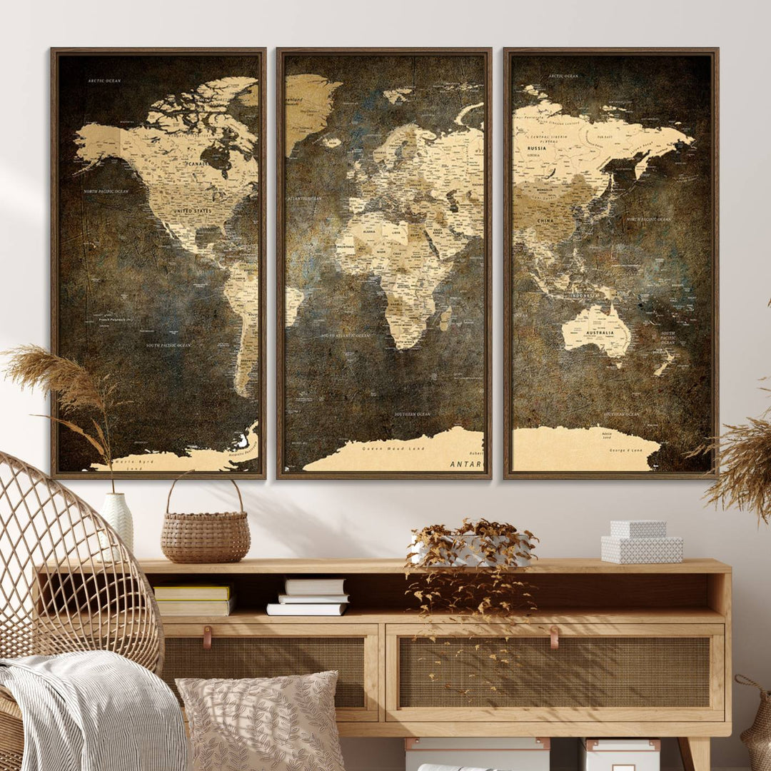 Antique-style vintage world map canvas with detailed labels, showcasing continents and countries on a brownish aged texture.