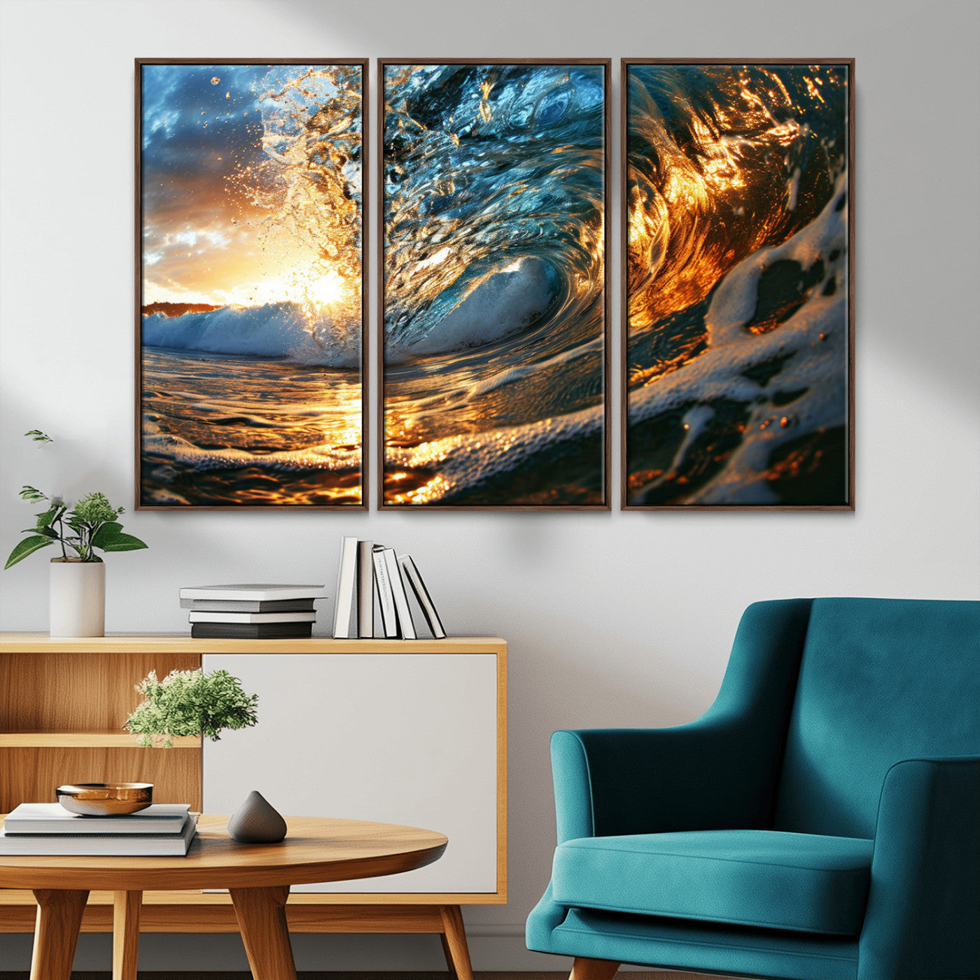 MGV-FC-48X32-3P - Ocean Wave at Sunset Canvas Wall Art – Vibrant Coastal Beach Waves Print, Large Nautical Decor,