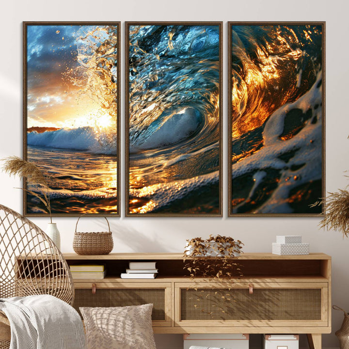 The Ocean Wave at Sunset canvas captures fiery waves with golden and blue hues, making it a perfect addition to nautical-themed decor.