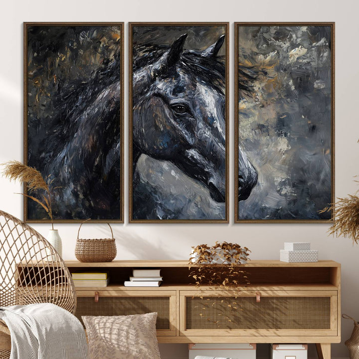 Abstract Horse Wall Art Canvas: A dark horses head and flowing mane set against a textured, muted background.