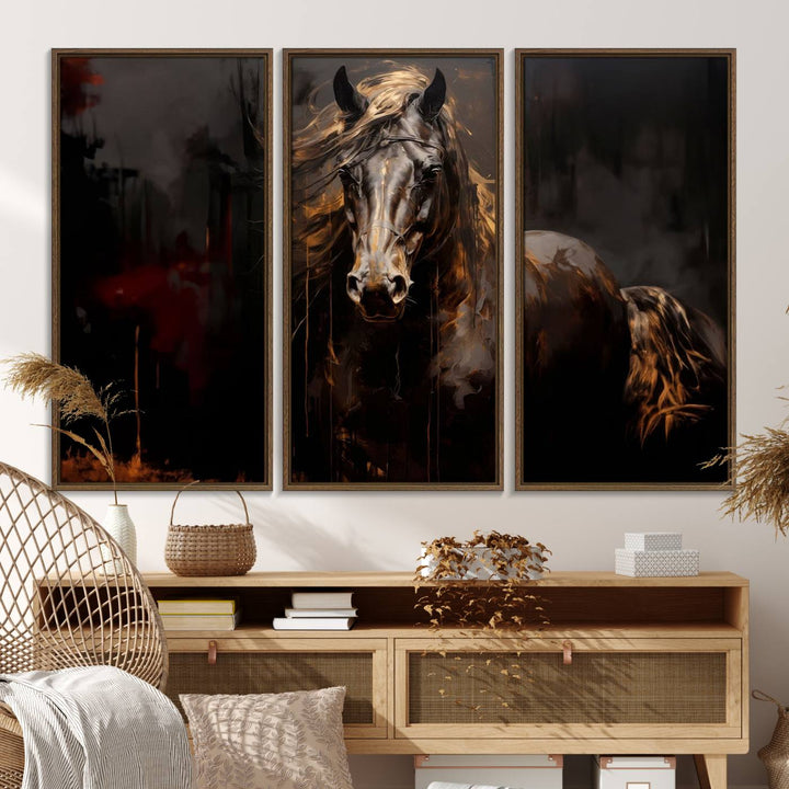 Abstract Black Horse Canvas Print – Featuring an equine spirit with a flowing mane on a dark background, perfect as farmhouse wall art.