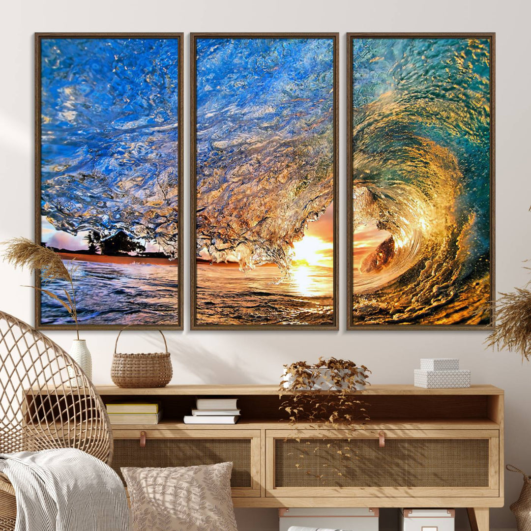 The Ocean Wave at Sunset Canvas Art captures vibrant coastal colors, perfect for nautical decor.