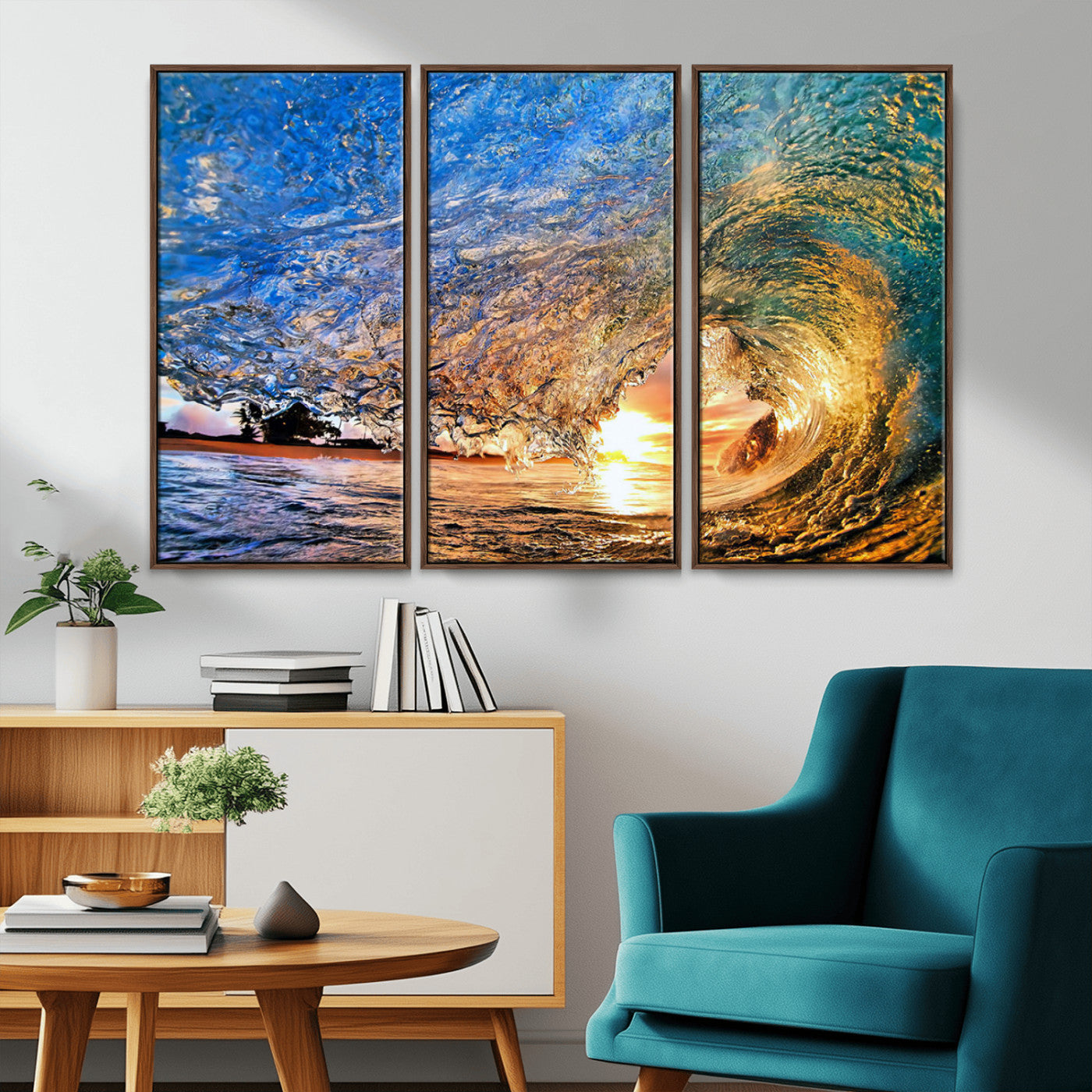 MGV-FC-48X32-3P - Ocean Wave at Sunset Canvas Wall Art – Vibrant Coastal Beach Waves Print, Large Nautical Decor,