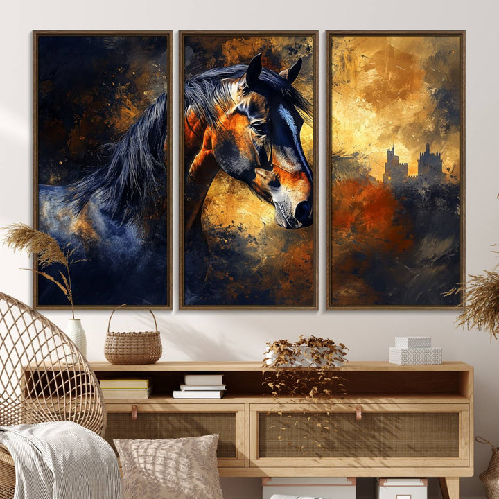 Abstract Horse Art Print on canvas, featuring a colorful background, perfect for rustic farmhouse or equestrian decor.