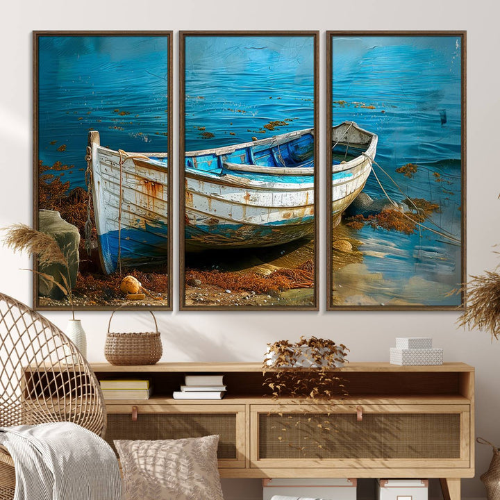 Vintage boat on tranquil waters—rustic triptych canvas print ideal for nautical or coastal wall art.