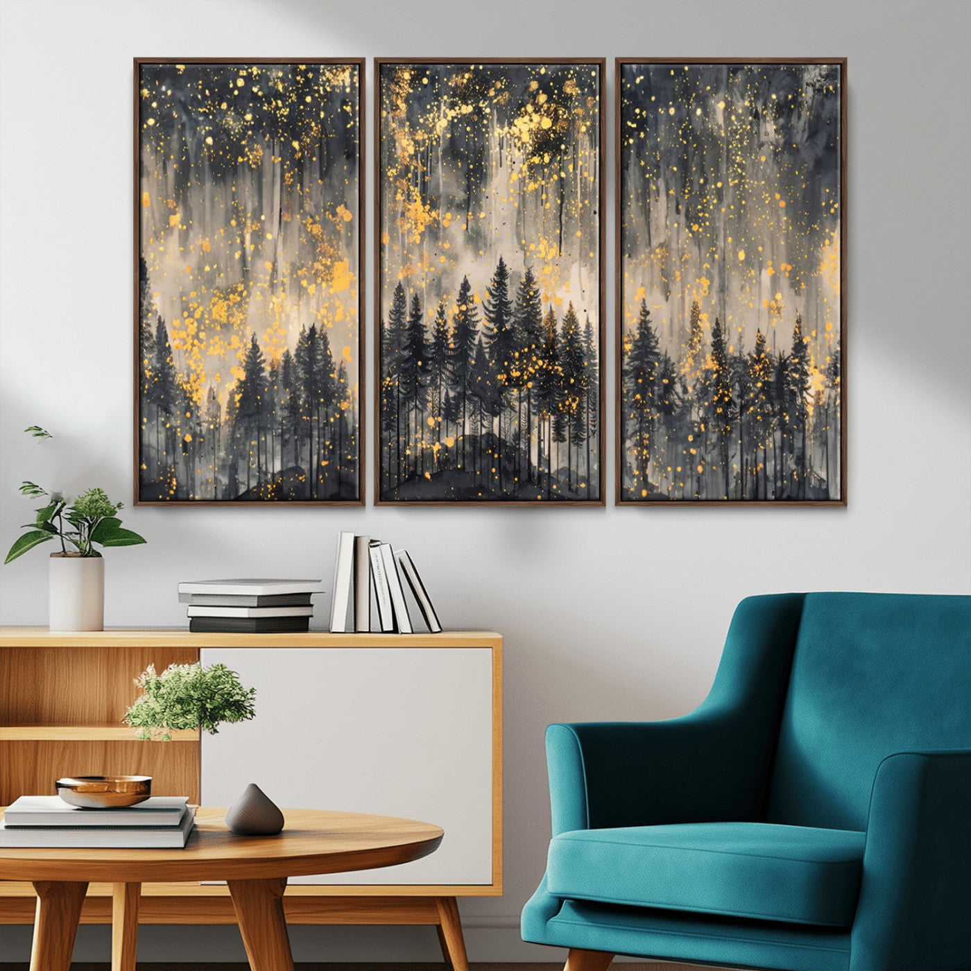 MGV-FC-48X32-3P - Golden Forest Abstract Wall Art | Dark Forest with Gold Splatter Accents | Triptych Ready to Hang