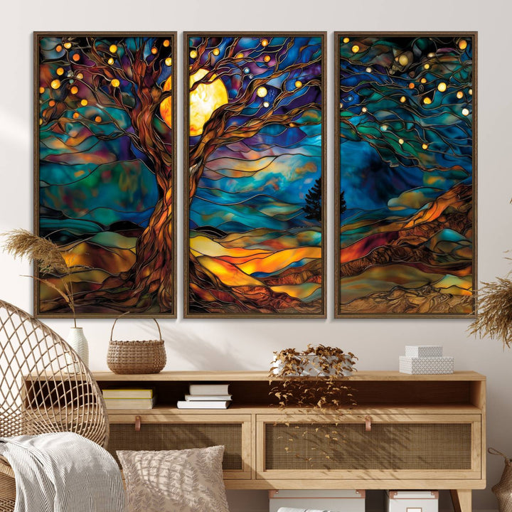 The vibrant Yggdrasil Tree of Life Wall Art depicts a moonlit tree.