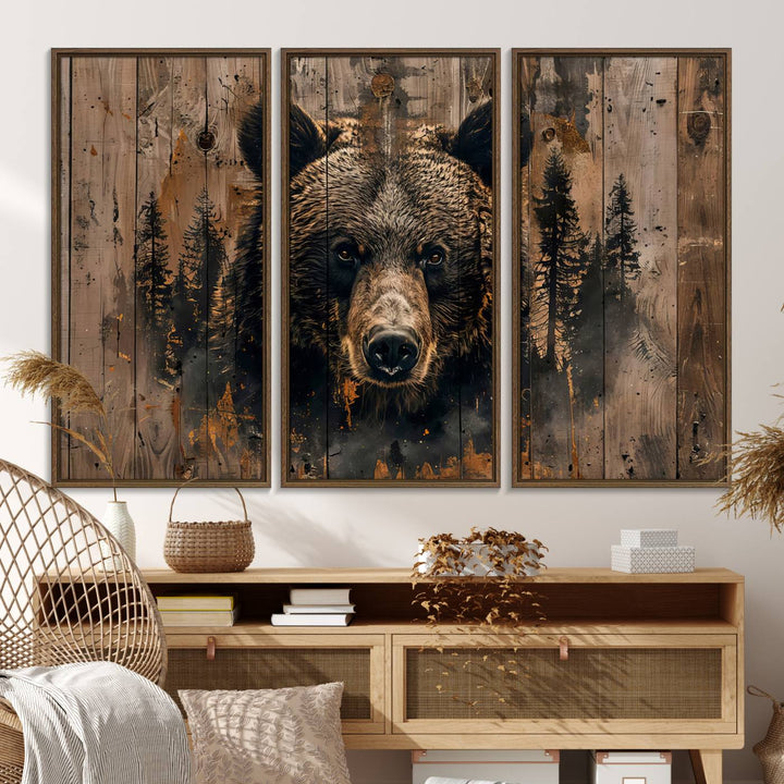 The bedroom showcases the Rustic Grizzly 399 Wall Art, a triptych canvas print that brings woodland charm to the space with its striking depiction of a bear. Elegantly displayed on a wooden wall, it enhances the rustic cabin feel.