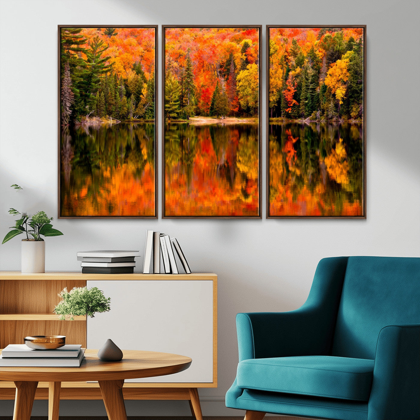 MGV-FC-48X32-3P - Forest Reflection Art | Autumn Forest Reflection Wall Art | Triptych Canvas Print | Vibrant Fall
