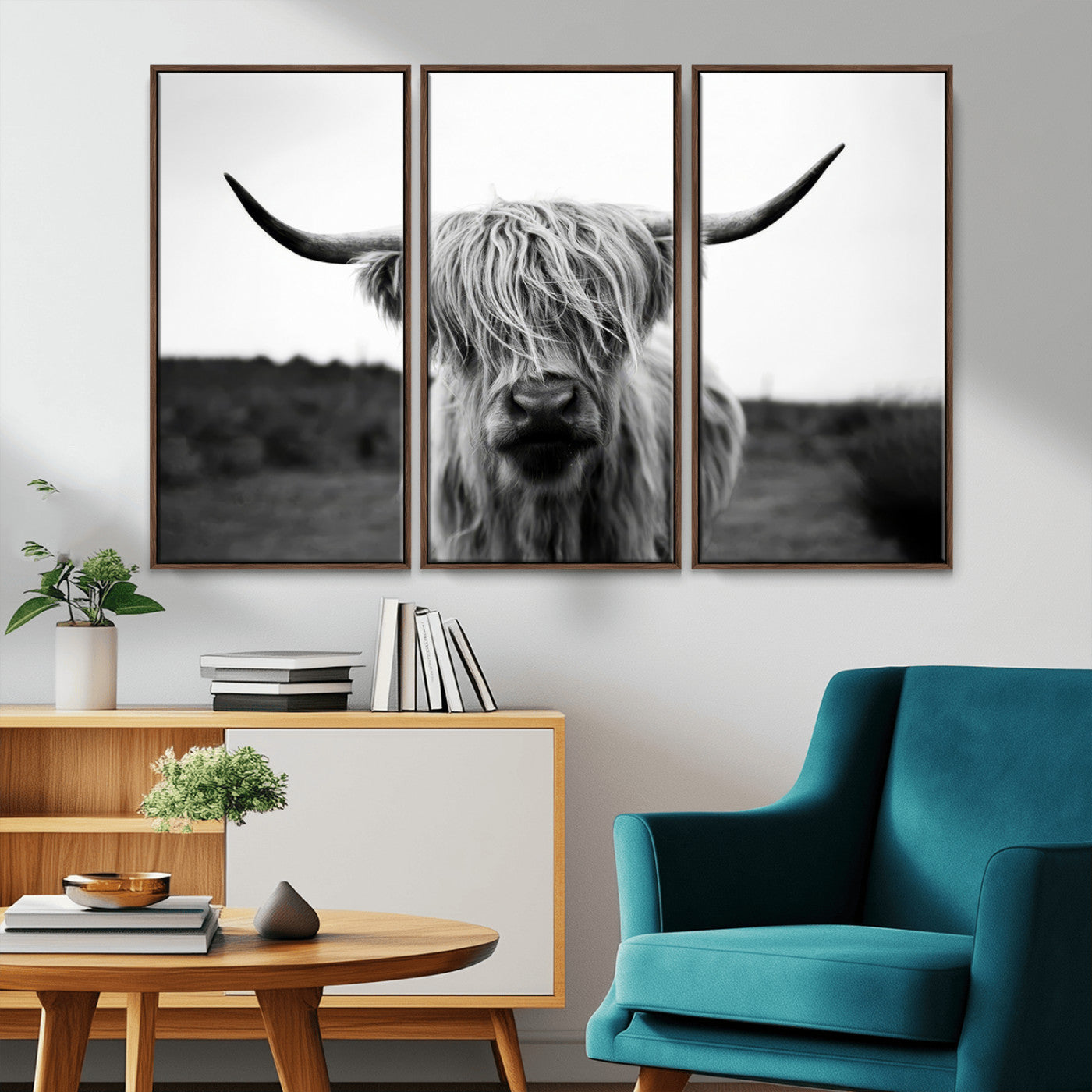 MGV-FC-48X32-3P - Highland Cow Wall Art | Black and White Farmhouse Decor | Triptych Canvas Print | Rustic Barn Decor
