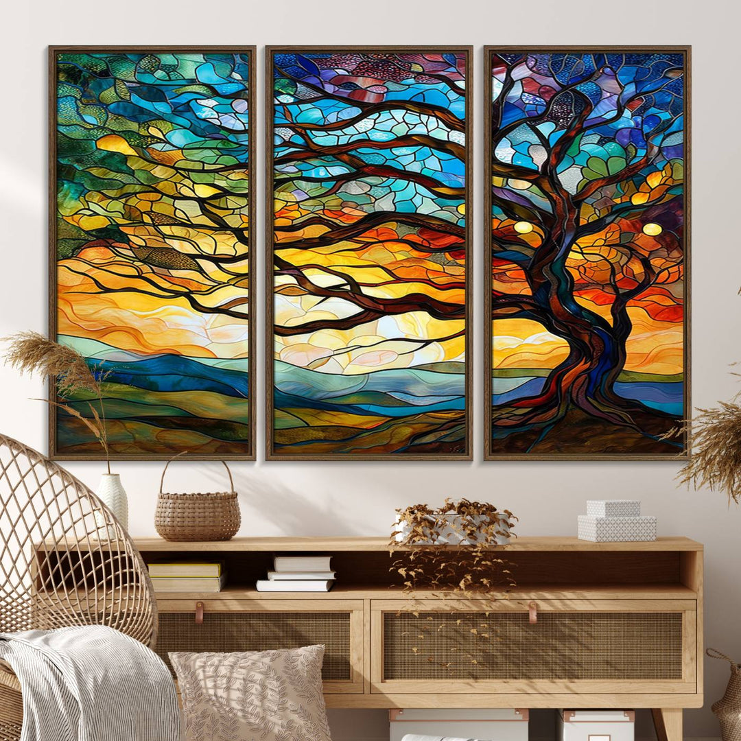 A vivid Tree of Life in stained glass style is depicted with twisted branches, a colorful sky, and hills on a ready-to-hang canvas.